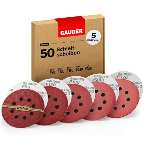 GAUDER Starter Schleifscheiben Set für Exzenterschleifer Ø 125mm | 50 Stück Schleifpapier Klett | 8 Loch Schleifblätter rund je 10 x 80/120/180/240/320 Körnung von GAUDER