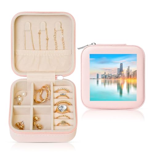 GBCDEDSL Chicago-Schmuckkästchen, Motiv: Downtown Sunset Pink, bedruckt, quadratisch, 10 x 10 cm, quadratisch, wasserdicht und verschleißfest, PVC-Schmuckschatulle, Geschenk für Ehefrauen und von GBCDEDSL