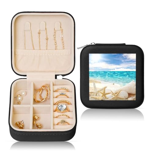 GBCDEDSL Ocean Beach Schmuckkästchen, bedruckt, quadratisch, 10 x 10 cm, quadratisch, wasserdicht und verschleißfest, PVC-Schmuckschatulle, Geschenk für Ehefrauen und Freundinnen, Schwarz von GBCDEDSL