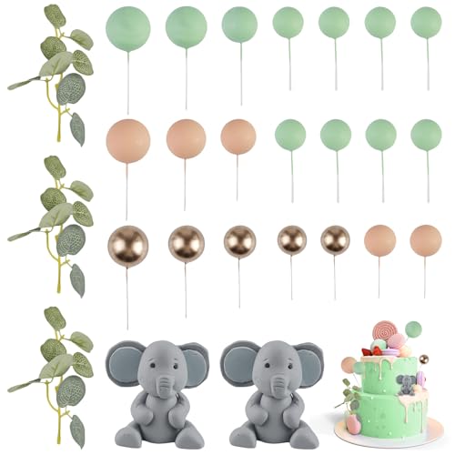 26 Stück Elefant Tortendeko, Kuchen Dekoration, 2 Stück 3D Elefante mit 21 Stück Tortendeko Kugeln und 3 Blatt, DIY Kuchen Zubehör für Jungen Mädchen Babyparty Geburtstag von GBKDQQ