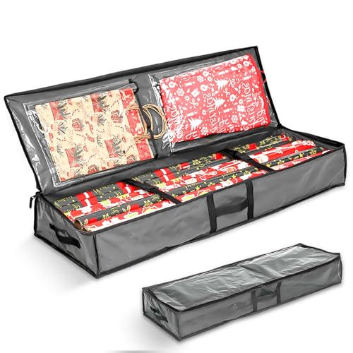 Aufbewahrungstasche für Geschenkpapier, 106 x 35 x 15cm Geschenkpapier Aufbewahrung Reißfest 600D Oxford Tuch Geschenkpapier Organizer mit 3 Fächern für Bänder Schleifen Weihnachtspapier(Grau) von GBKDQQ