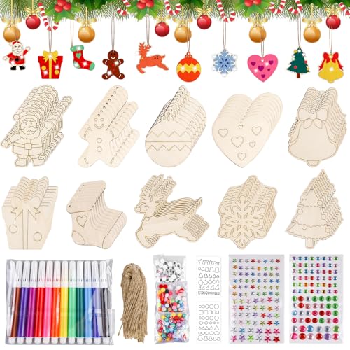 GBKDQQ 80 Stück Basteln Weihnachten kinder, DIY Bastelset Weihnachten mit Juteseil & Marker, 10 Weihnachtsmuster Formen Weihnachtsbasteln Kinder, Christbaumschmuck Holzfiguren von GBKDQQ