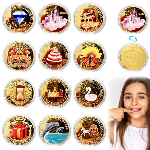 GBKDQQ Zahnfee Münzen, 12 Stück Zahnfee Goldtaler mit Verschiedenen Mustern, Zahnfee Geschenke Mädchen, Zahnfee Geschenke Jungen, Goldmünzen Kinder für Verlorenen Zahn Kinder Geschenke Souvenir von GBKDQQ