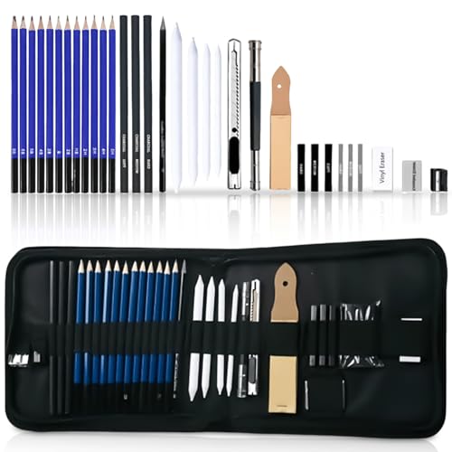 Zeichenset: 33-teiliges Professionelles Zeichenstifte Set, Skizzierstifte Set, Skizzier-Set mit Graphitstift, Kohlestift, Skizzenbleistift-Set mit Handtasche für Künstler, Anfänger, Erwachsene, Kinder von GBKDQQ