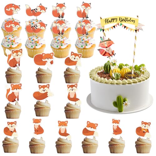 25-teiliges Fuchs-Kuchenaufsätze, Fuchstier-Kuchenaufsatz-Set, Waldtier-Thema, Happy Birthday, Cupcake-Topper, Wimpelkette, Banner, Party-Dekoration für Jungen und Mädchen, von GBTPZXE