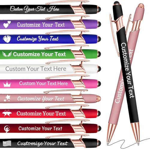 GBVllexuii Personalisierte Stifte mit Eingabestift, Bulk-Stifte mit Namenslogo, Business, 10 gravierte Kugelschreiber, Textschreiben, individuelles Geschenk für Männer und Frauen, schwarze Tinte, von GBVllexuii