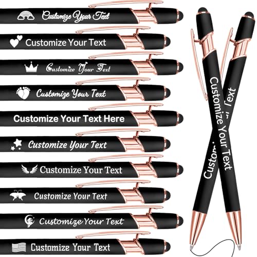 GBVllexuii Personalisierte Stifte mit Eingabestift, Bulk-Stifte mit Namenslogo, Business, 10 gravierte Kugelschreiber, Textschreiben, individuelles Geschenk für Männer und Frauen, schwarze Tinte, von GBVllexuii