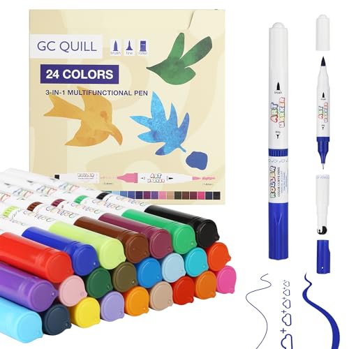 GC QUILL 24 Farben 3-IN-1 Curve Textmarker-Faserstifte, Fineliner, Rollstempel-24 verschiedene Roller Stempel Formen-1-4mm weiche Pinselspitze, 0,4mm harte feine Spitzen-für Tagebuch,Scrapbook,Journal von GC QUILL