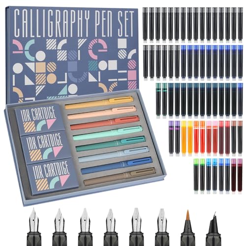 GC QUILL Kalligraphie-Stift-Set - 8 Kalligraphie-Füllfederhalter mit verschiedenen Federn, 66 Tintenpatronen (14 Farben) - Schreiben, Zeichnen, Kalligraphie-Übung für Anfänger GC-F866 von GC QUILL