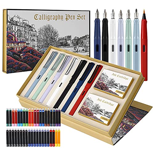 GC QUILL Kalligraphie Stifte Set, 7 Kalligraphie Füllfederhalter mit verschiedenen Federn und 40 Tintenpatronen, für Anfänger, Schriftzug - MU-09 von GC QUILL