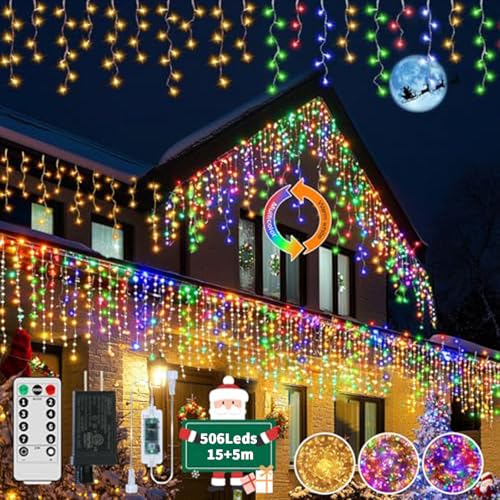 GCMacau 3 IN 1 Eisregen Lichterkette Außen,15m+5m 506LED Weihnachtsbeleuchtung Außen Eiszapfen mit Fernbedienung Timer 8 Modi, IP65 Wasserdicht Lichtervorhang für Dachkante Balkon Weihnachtsdeko von GCMacau