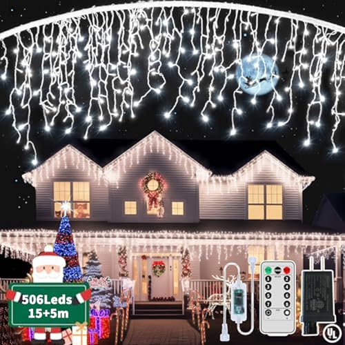 GCMacau Eisregen Lichterkette Außen, 15m+5m 506LED Weihnachtsbeleuchtung Außen Eiszapfen mit 8 Mod und & Timer,IP65 Wasserdicht Lichterketten für Dachkante Balkon Weihnachtsdeko Kaltweiß von GCMacau