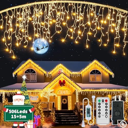 GCMacau Eisregen Lichterkette Außen, 15m+5m 506LED Weihnachtsbeleuchtung Außen Eiszapfen mit8 Modi Fernbedienung & Timer, IP65 Wasserdicht Lichtervorhang für Dachkante Balkon Weihnachtsdeko Warmweiß von GCMacau