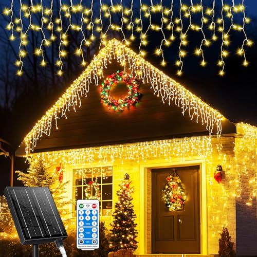 GCMacau Eisregen Lichterkette außen, 18m+5m 600 LED Solar Weihnachtsbeleuchtung Außen, Lichterketten mit Fernbedienung&USB-Mund, 8 Modi IP65 Wasserdicht für Hausdach Balkon Weihnachtsdeko Warmweiß von GCMacau