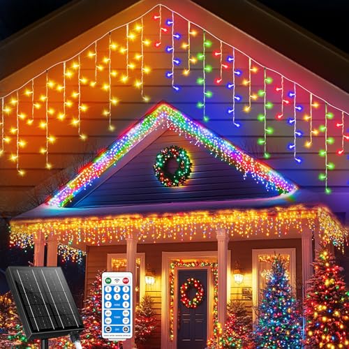 GCMacau Eisregen Lichterkette außen, 18m+5m 600LED Solar Weihnachtsbeleuchtung Außen, Lichterketten mit Fernbedienung&USB-Mund, 8 Modi IP65 Wasserdicht für Hausdach Balkon Weihnachtsdeko Warmweiß+Bunt von GCMacau