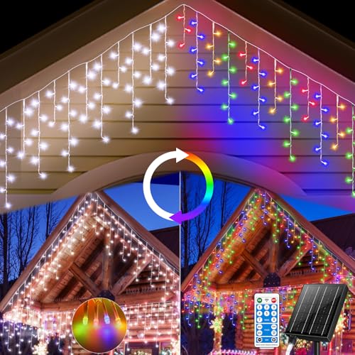 GCMacau Eisregen Lichterkette außen, 18m+5m 600LED Solar Weihnachtsbeleuchtung Außen, Lichtervorhang mit Fernbedienung&USB-Mund,8 Modi IP65 Wasserdicht für Hausdach Balkon Weihnachtsdeko Kaltweiß+Bunt von GCMacau