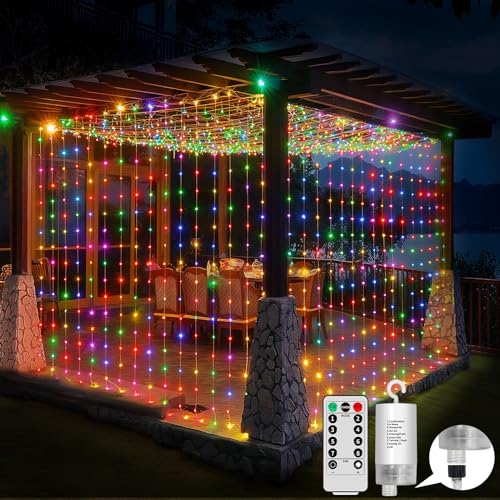 GCMacau Lichterketten Vorhang Bunt 6x3m, 600 Leds Vorhang Lichterkette Batterie Außen, Lichtervorhang Aussen Hängende Mit Fernbedienung Für Schlafzimmer, Terrasse, Hochzeit von GCMacau