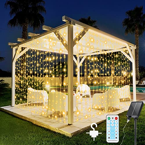 GCMacau Solar Lichterkette Aussen Innen, 3x3m 300 LED Solar Lichtervorhang Aussen Lichterkette, 8 Modi Fernbedienung IP65 Wetterfest Wasserdicht Solar Lichterketten Außen für Innen Gärten Weihnachten von GCMacau