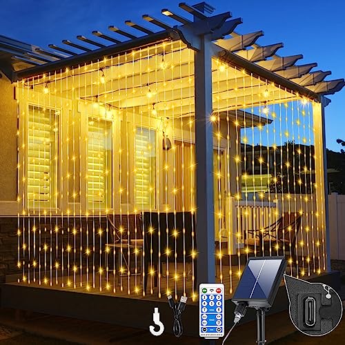 GCMacau Solar Lichterkette Außen, 6x3M 600LED Vorhang Lichter, Wetterfest Outdoor Solarlichterkette Aussen,8 Modi Aufgerüstetes Solarpanel mit USB-Stromversorgung Solar für Gärten Weihnachten von GCMacau