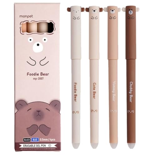 Radierbarer Stift Set, 4Pcs Cute Bear Erasable Neutral Stifte, Niedliche Kawaii Stifte, Federdurchmesser 0,5Mm, FüR Studium Und BüRo, Geeignet FüR Schulkinder EröFfnung Geschenk von GDFJBG