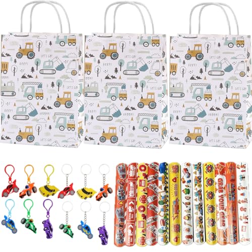 GDVONE 12 Geschenktüten Auto Papiertüten mit Henkel Klein, Snap Armbänder Auto und Schlüsselschnalle, Papiertüten Taschen für Kinder Auto Party Geburtstag Halloween (Auto) von GDVONE