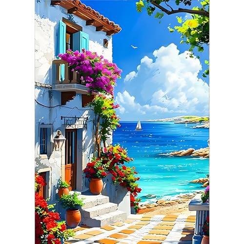 GDYEEH 5D Blick aufs Meer Diamant Painting Pictures, DIY Haus Diamant Art Painting Kits, Blumen Diamond Painting Set for Adults Anfänger, Mosaic Making, Diamond Painting for Home Decor 30x40cm von GDYEEH