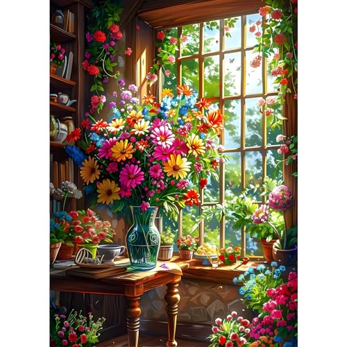 GDYEEH 5D Bunte Blumen Diamant Painting Pictures, DIY Garten Diamant Art Painting Kits, Fenster Diamond Painting Set for Adults Anfänger, Diamond Painting Art by Numbers for Home Decor 30x40cm von GDYEEH