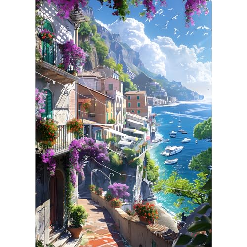 GDYEEH 5D Dorf am Meer Diamant Painting Pictures, DIY Blumen Diamant Art Painting Kits, Landschaft Diamond Painting Set for Adults Anfänger, Diamond Painting Art by Numbers for Home Decor 30x40cm von GDYEEH