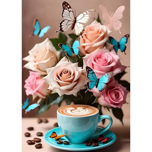 GDYEEH 5D Kaffee Diamant Painting Pictures, DIY Schmetterlinge Diamant Art Painting Kits, Rose Blumen Diamond Painting Set for Adults Anfänger, Mosaic Making, Diamond Painting for Home Decor 30x40cm von GDYEEH