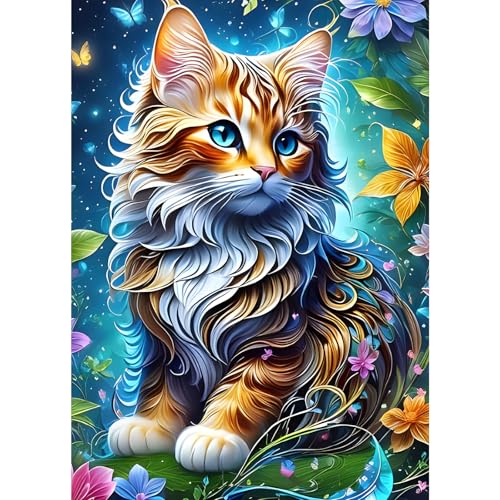 GDYEEH 5D Katze Diamant Painting Pictures, DIY Kätzchen Diamant Art Painting Kits, Fantasie Diamond Painting Set for Adults Anfänger, Mosaic Making, Blumen Diamond Painting for Home Decor 30x40cm von GDYEEH