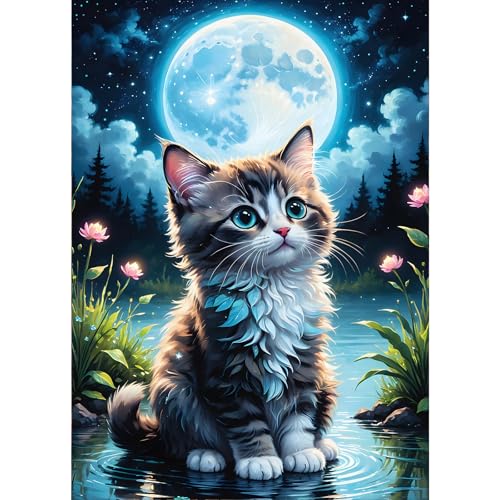 GDYEEH 5D Katze Diamant Painting Pictures, DIY Mondnacht Diamant Art Painting Kits, Traumland Diamond Painting Set for Adults Anfänger, Mosaic Making, Diamond Painting for Home Decor 30x40cm von GDYEEH