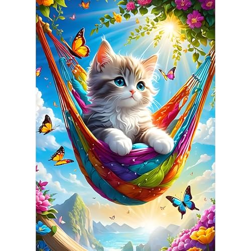 GDYEEH 5D Katze Diamant Painting Pictures, DIY Schmetterling Diamant Art Painting Kits, Hängematte Diamond Painting Set for Adults Anfänger, Mosaic Making, Diamond Painting for Home Decor 30x40cm von GDYEEH