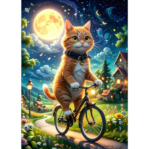 GDYEEH 5D Katze auf Fahrrad Diamant Painting Pictures, DIY Mond Diamant Art Painting Kits, Traumland Diamond Painting Set for Adults Anfänger, Mosaic Making, Diamond Painting for Home Decor 30x40cm von GDYEEH