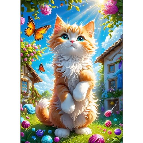 GDYEEH 5D Katze im Garten Diamant Painting Pictures, DIY Blumen Diamant Art Painting Kits, Kätzchen Diamond Painting Set for Adults Anfänger, Mosaic Making, Diamond Painting for Home Decor 30x40cm von GDYEEH