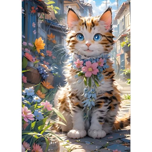 GDYEEH 5D Katzen Diamant Painting Pictures, DIY Alte Straße Diamant Art Painting Kits, Blumen Diamond Painting Set for Adults Anfänger, Mosaic Making, Diamond Painting for Home Decor 30x40cm von GDYEEH