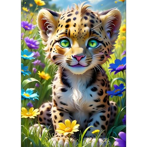 GDYEEH 5D Leopardenjunges Diamant Painting Pictures, DIY Blumen Diamant Art Painting Kits, Leopard Diamond Painting Set for Adults Anfänger, Mosaic Making, Diamond Painting for Home Decor 30x40cm von GDYEEH