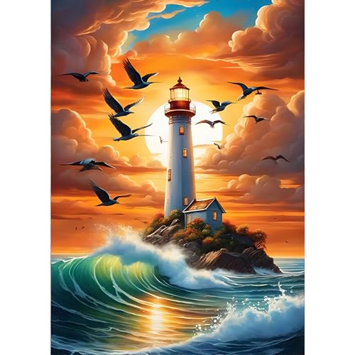 GDYEEH 5D Leuchtturm Diamant Painting Pictures, DIY Sonnenuntergang Diamant Art Painting Kits, Möwe Diamond Painting Set for Adults Anfänger, Mosaic Making, Diamond Painting for Home Decor 30x40cm von GDYEEH