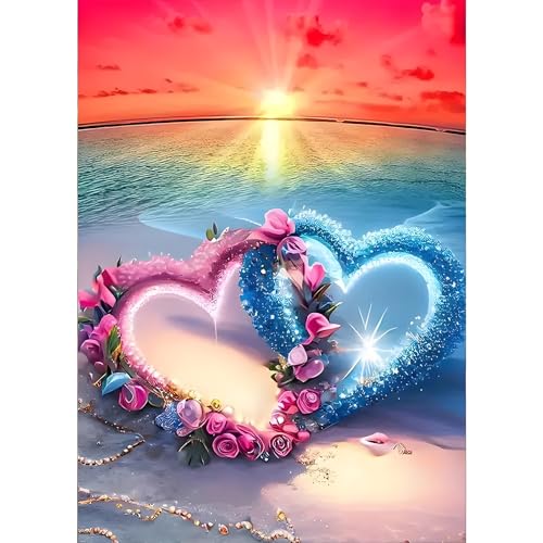 GDYEEH 5D Liebe Herz Diamant Painting Pictures, DIY Sonnenuntergang Diamant Art Painting Kits, Strand Diamond Painting Set for Adults Anfänger, Mosaic Making, Diamond Painting for Home Decor 30x40cm von GDYEEH