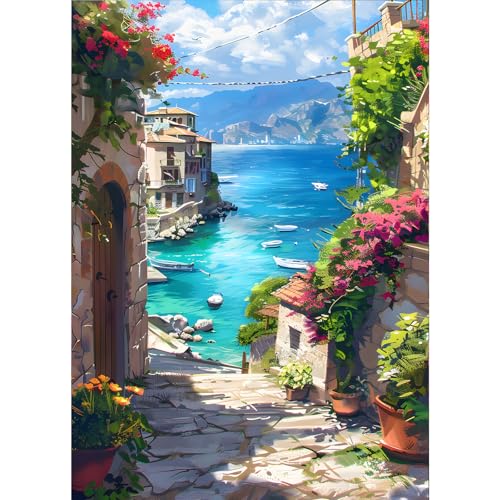 GDYEEH 5D Pfad am Meer Diamant Painting Pictures, DIY Fischerdorf Diamant Art Painting Kits, Blumen Diamond Painting Set for Adults Anfänger, Mosaic Making, Diamond Painting for Home Decor 30x40cm von GDYEEH