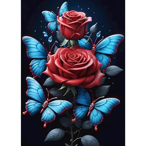 GDYEEH 5D Rose Diamant Painting Pictures, DIY Schmetterlinge Diamant Art Painting Kits, Blumen Diamond Painting Set for Adults Anfänger, Mosaic Making, Diamond Painting for Home Decor 30x40cm von GDYEEH