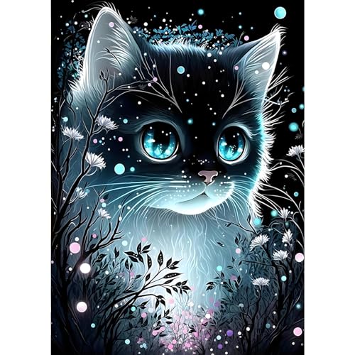 GDYEEH 5D Schwarze Katze Diamant Painting Pictures, DIY Glühende Diamant Art Painting Kits, Katze Diamond Painting Set for Adults Anfänger, Mosaic Making, Diamond Painting for Home Decor 30x40cm von GDYEEH