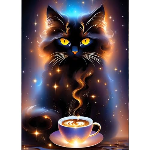 GDYEEH 5D Schwarze Katze Diamant Painting Pictures, DIY Kaffee Diamant Art Painting Kits, Fantasie Diamond Painting Set for Adults Anfänger, Mosaic Making, Diamond Painting for Home Decor 30x40cm von GDYEEH