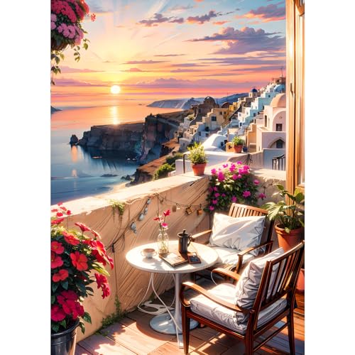 GDYEEH 5D Sonnenuntergang Diamant Painting Pictures, DIY Santorini Diamant Art Painting Kits, Scenery Diamond Painting Set for Adults Anfänger, Diamond Painting Art by Numbers for Home Decor 30x40cm von GDYEEH