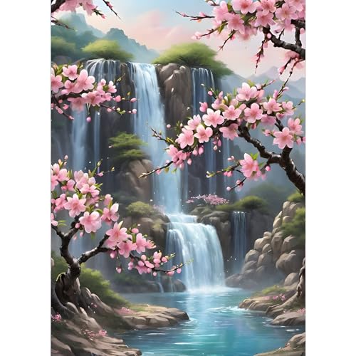 GDYEEH 5D Wasserfall Diamant Painting Pictures, DIY Pfirsichblüte Diamant Art Painting Kits, Blumen Diamond Painting Set for Adults Anfänger, Diamond Painting Art by Numbers for Home Decor 30x40cm von GDYEEH