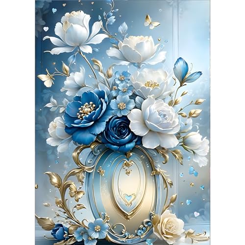 GDYEEH 5D Weiße und blaue Blumen Diamant Painting Pictures, DIY Diamant Art Painting Kits, Blumen Diamond Painting Set for Adults Anfänger, Mosaic Making, Diamond Painting for Home Decor 30x40cm von GDYEEH