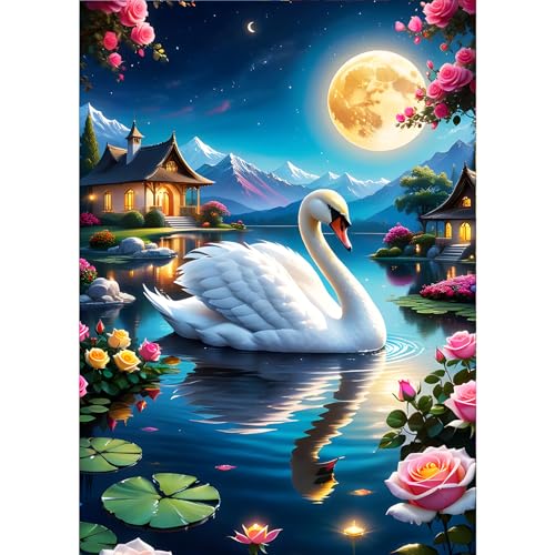 GDYEEH 5D Weißer Schwan Diamant Painting Pictures, DIY Blumen Diamant Art Painting Kits, Mond Diamond Painting Set for Adults Anfänger, Mosaic Making,Traumland Diamond Painting for Home Decor 30x40cm von GDYEEH