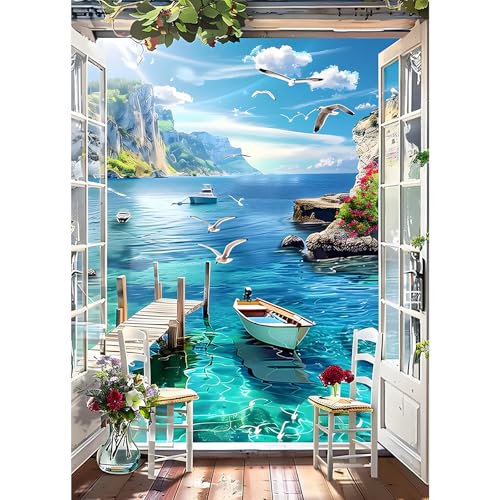 GDYEEH 5D Zimmer mit Meerblick Diamant Painting Pictures, DIY Boot Diamant Art Painting Kits, Möwen Diamond Painting Set for Adults Anfänger, Diamond Painting Art by Numbers for Home Decor 30x40cm von GDYEEH