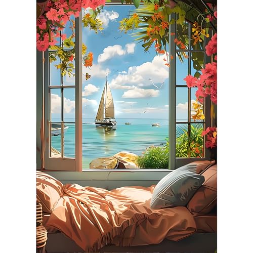 GDYEEH 5D Zimmer mit Meerblick Diamant Painting Pictures, DIY Fenster Diamant Art Painting Kits, Blumen Diamond Painting Set for Adults Anfänger, Diamond Painting Art by Numbers for Home Decor 30x40cm von GDYEEH