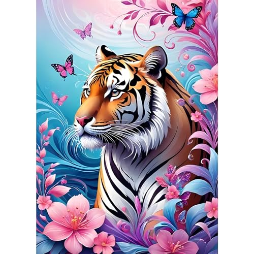 GDYEEH Fantasie Tiger Diamond Painting Erwachsene, 5D Schmetterling Diamant Kunst Bilder Anfänger, DIY Blumen Runder Vollbohrer Diamanten Malerei Stickerei Kreuzstich Geschenke Home Wand Dekor 30x40cm von GDYEEH