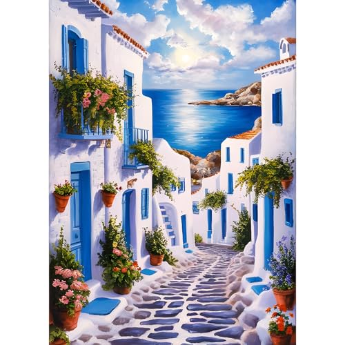 GDYEEH Haus Diamond Painting Erwachsene, 5D Blumen Diamant Kunst Bilder Anfänger, DIY Ägäisches Meer Runder Vollbohrer Diamanten Malerei Stickerei Kreuzstich Geschenke Home Wand Dekor 30x40cm von GDYEEH